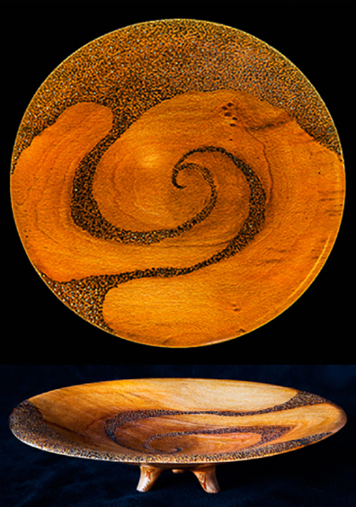 art of wood turning, wood turned craved plate, turned wood dish, carved wooden plater, sculptured vessel, carved vessel, wood turned vessel, pierced wood turned plate, carved pierced bowl, pierced plater, turned art vessel, 3 legged wood vessel, 3 legged turned bowl, 3 legged carved plate, turned platter, turned dish,