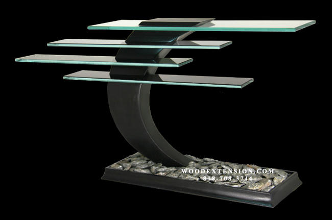 asian console table, custom console table, custom wood art furniture, artful furniture, functional art furniture, sculptured console table, contemporary console table 